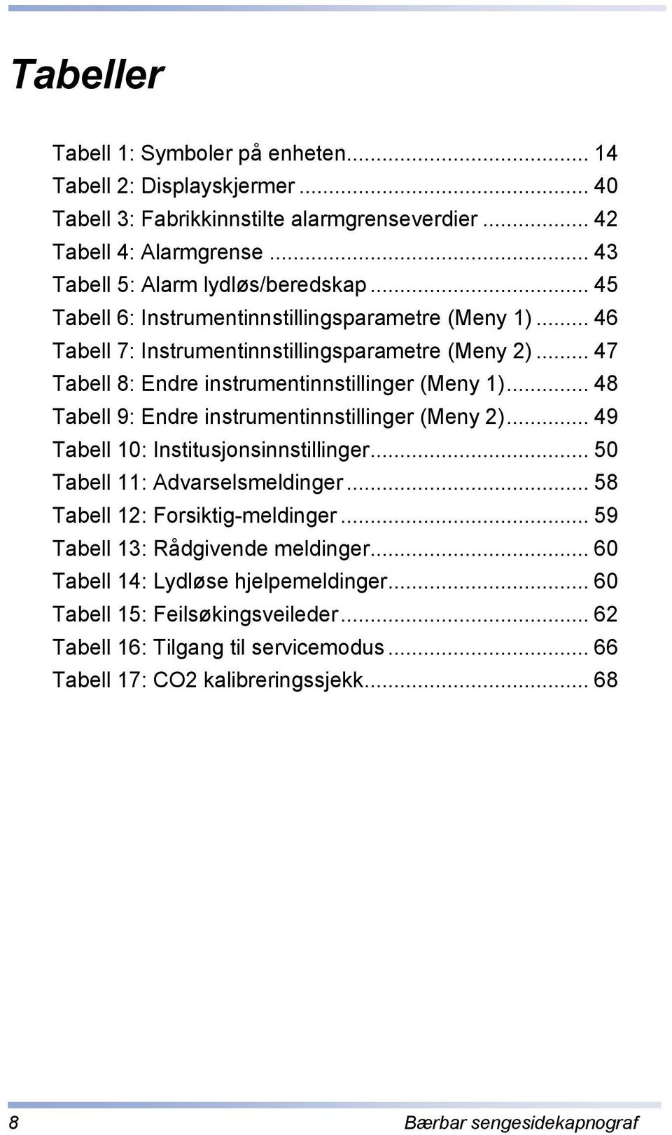 .. 48 Tabell 9: Endre instrumentinnstillinger (Meny 2)... 49 Tabell 10: Institusjonsinnstillinger... 50 Tabell 11: Advarselsmeldinger... 58 Tabell 12: Forsiktig-meldinger.