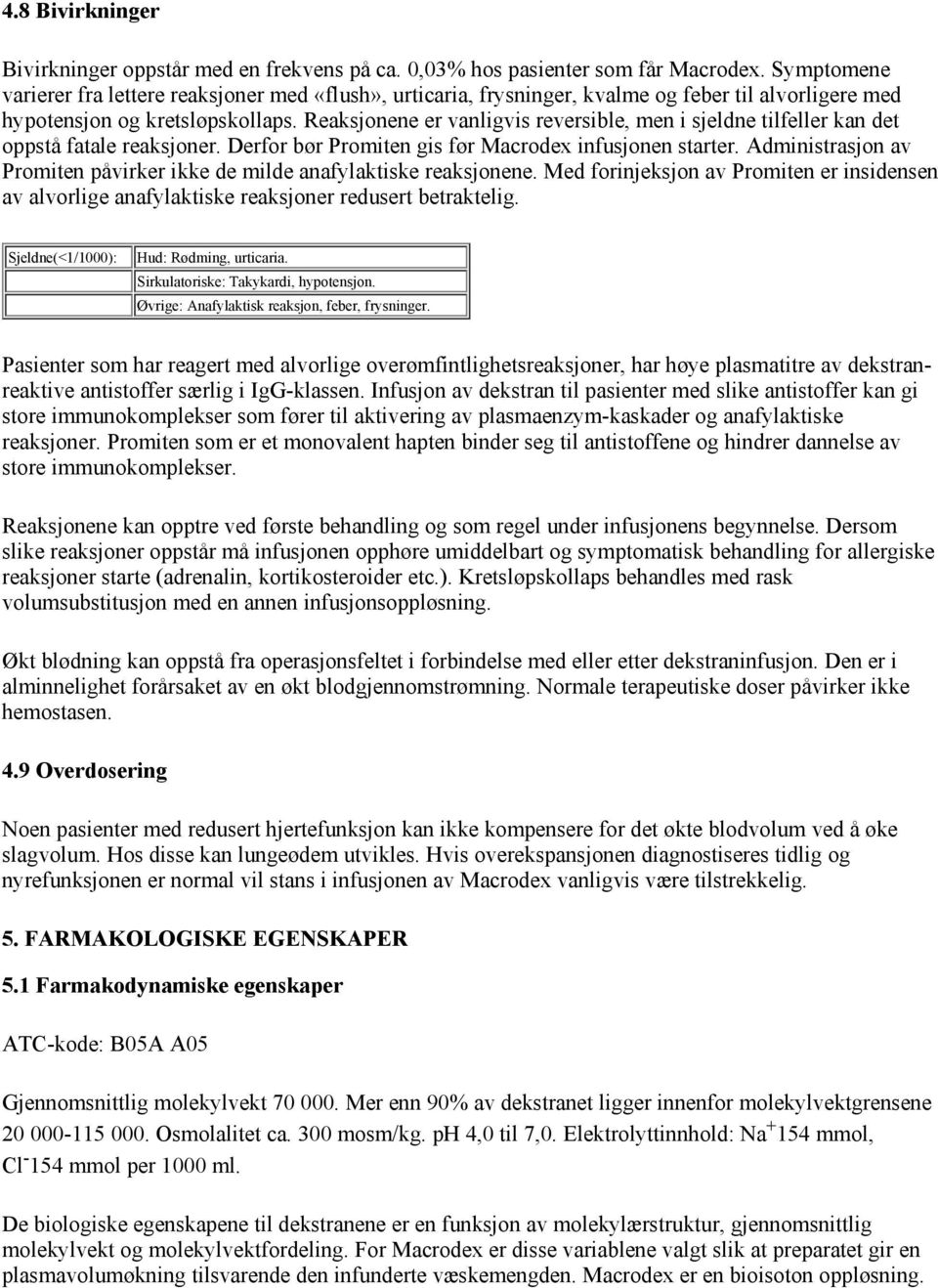 Reaksjonene er vanligvis reversible, men i sjeldne tilfeller kan det oppstå fatale reaksjoner. Derfor bør Promiten gis før Macrodex infusjonen starter.