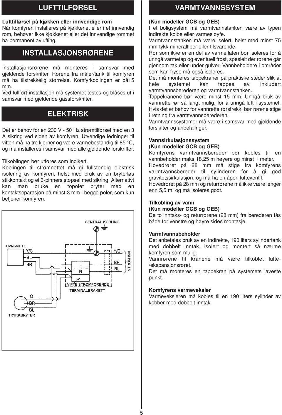 Ved fullført installasjon må systemet testes og blåses ut i samsvar med gjeldende gassforskrifter. ELEKTRISK Det er behov for en 230 V - 50 Hz strømtilførsel med en 3 A sikring ved siden av komfyren.