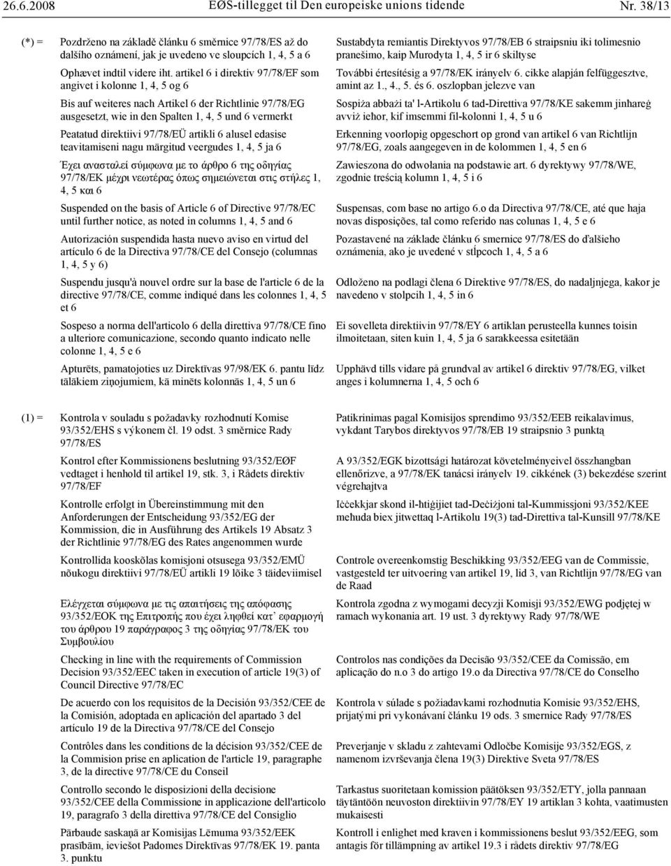 artikel 6 i direktiv 97/78/EF som angivet i kolonne 1, 4, 5 og 6 Bis auf weiteres nach Artikel 6 der Richtlinie 97/78/EG ausgesetzt, wie in den Spalten 1, 4, 5 und 6 vermerkt Peatatud direktiivi