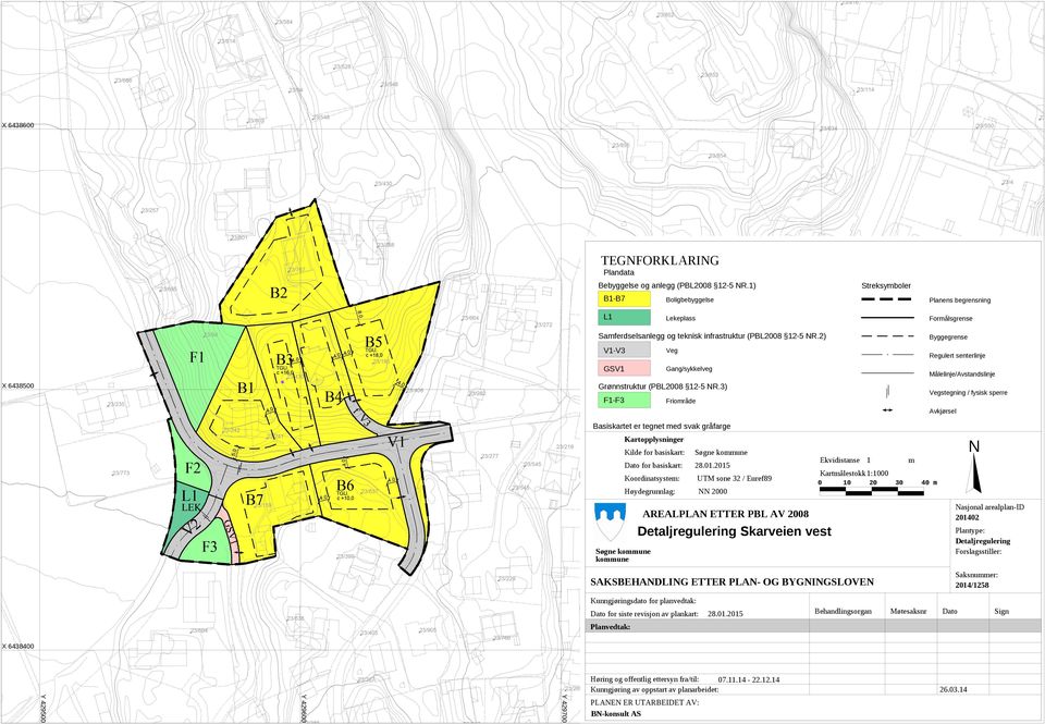 2) X 6438500 V1-V3 Veg GSV1 Gang/sykkelveg Byggegrense Regulert senterlinje Målelinje/Avstandslinje Grønnstruktur (PBL2008 12-5 NR.