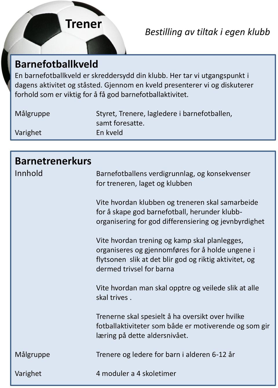 En kveld Barnetrenerkurs Barnefotballens verdigrunnlag, og konsekvenser for treneren, laget og klubben Vite hvordan klubben og treneren skal samarbeide for å skape god barnefotball, herunder