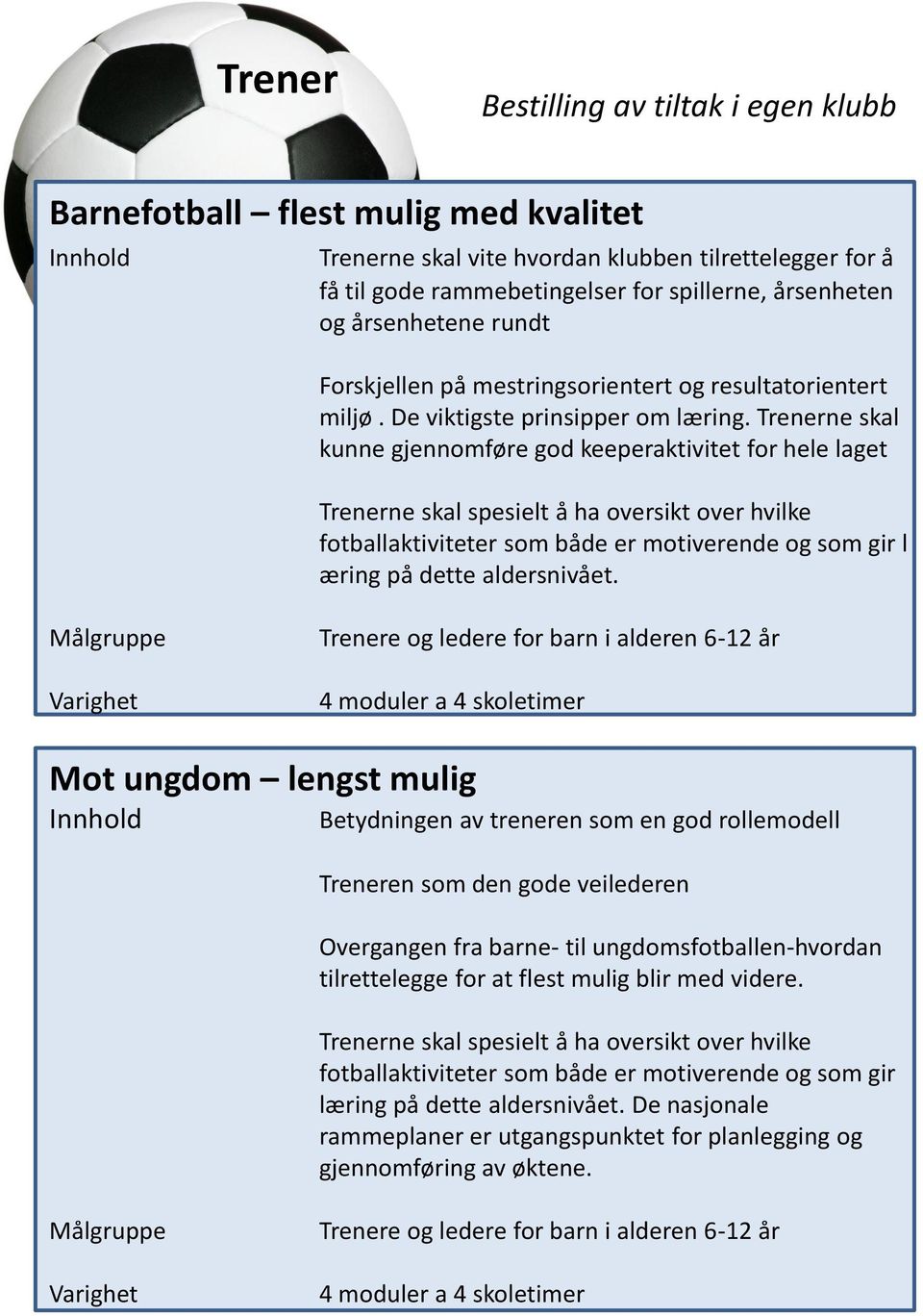 Trenerne skal kunne gjennomføre god keeperaktivitet for hele laget Trenerne skal spesielt å ha oversikt over hvilke fotballaktiviteter som både er motiverende og som gir l æring på dette aldersnivået.