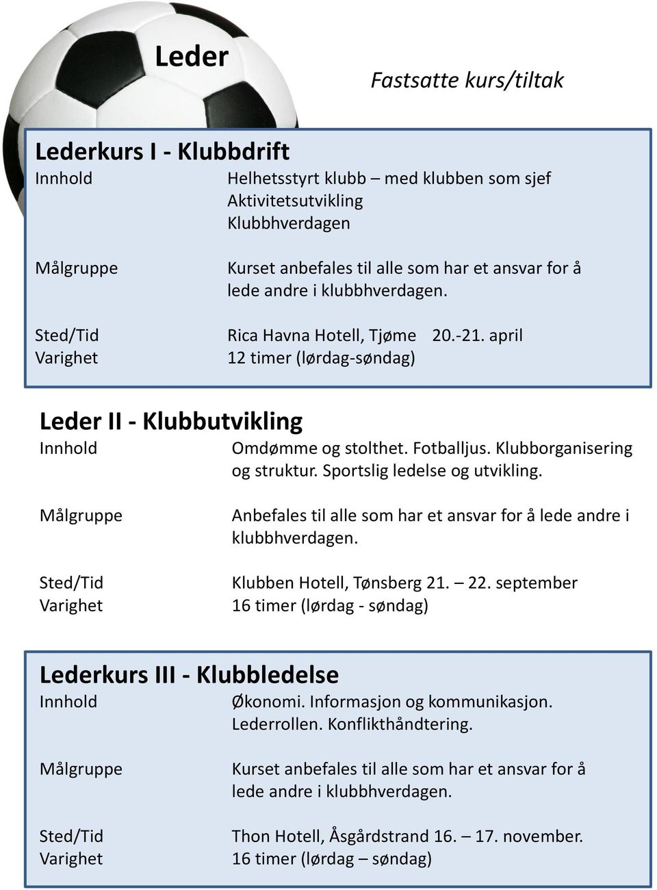 Sportslig ledelse og utvikling. Sted/Tid Anbefales til alle som har et ansvar for å lede andre i klubbhverdagen. Klubben Hotell, Tønsberg 21. 22.