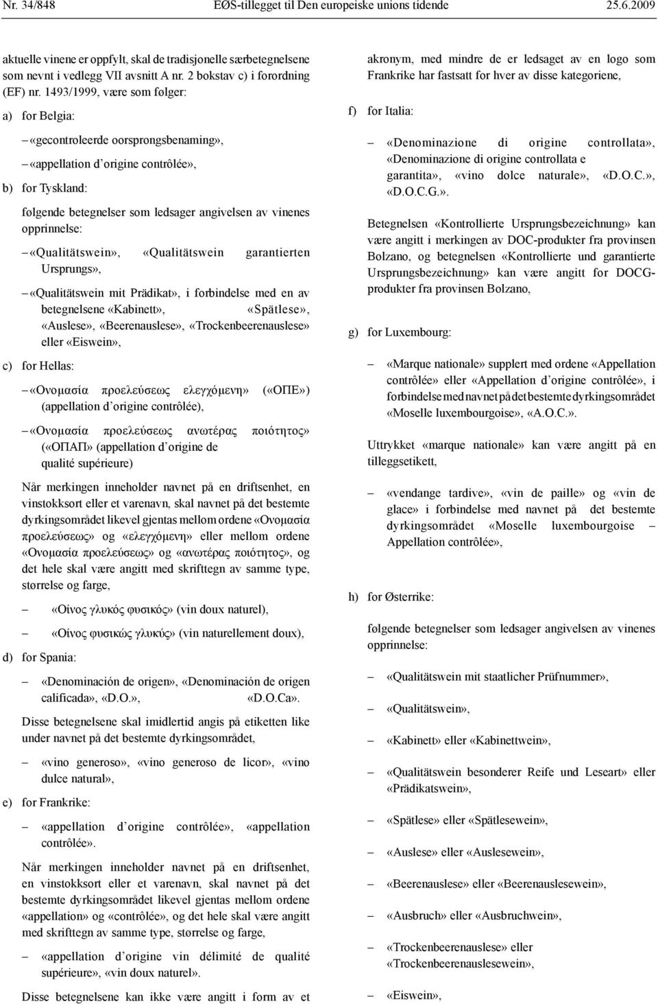 1493/1999, være som følger: a) for Belgia: f) akronym, med mindre de er ledsaget av en logo som Frankrike har fastsatt for hver av disse kategoriene, for Italia: «gecontroleerde oorsprongsbenaming»,