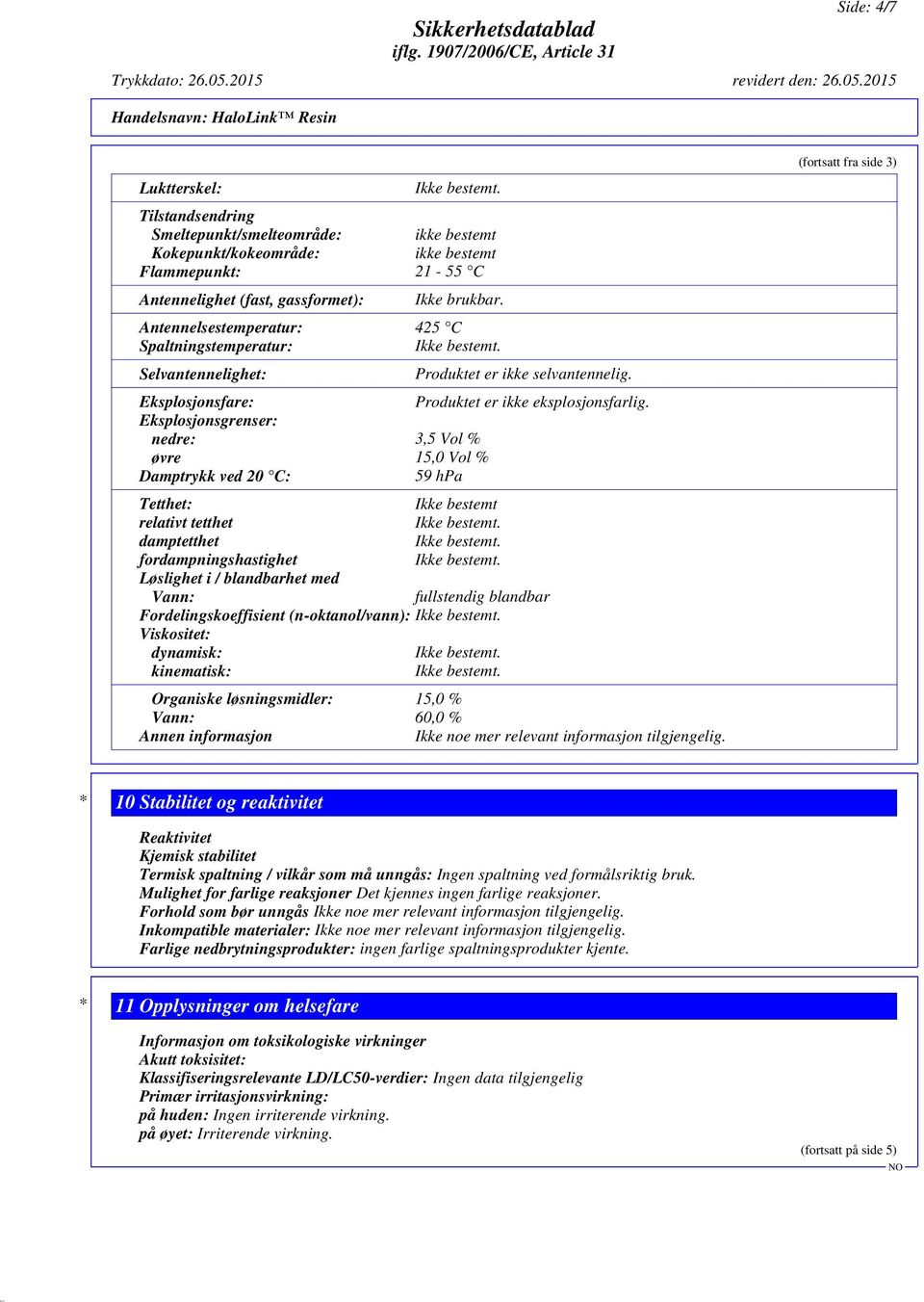 Eksplosjonsgrenser: nedre: 3,5 Vol % øvre 15,0 Vol % Damptrykk ved 20 C: 59 hpa Tetthet: Ikke bestemt relativt tetthet damptetthet fordampningshastighet Løslighet i / blandbarhet med Vann: