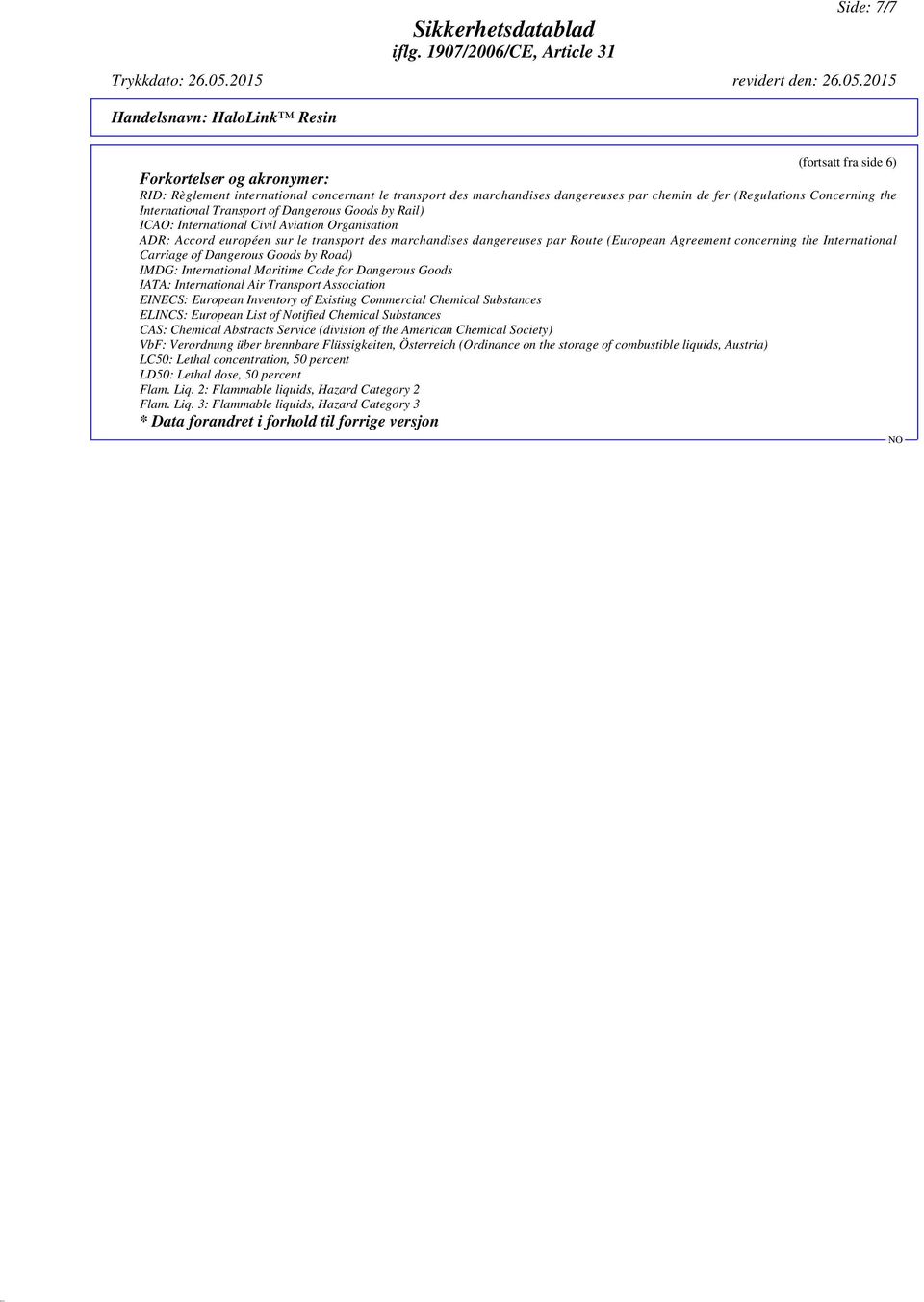 concerning the International Carriage of Dangerous Goods by Road) IMDG: International Maritime Code for Dangerous Goods IATA: International Air Transport Association EINECS: European Inventory of