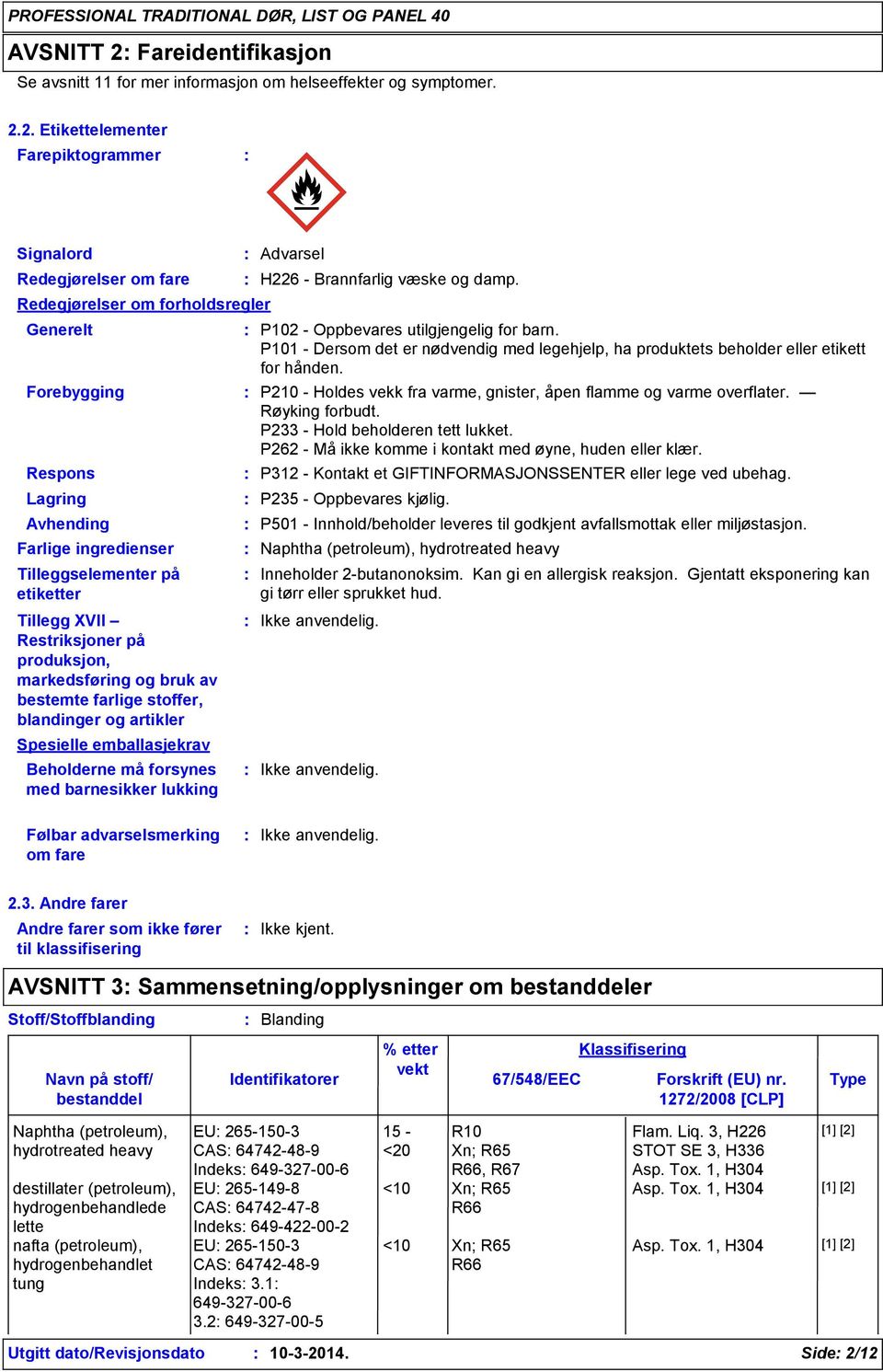 2. Etikettelementer Farepiktogrammer Signalord Redegjørelser om fare Redegjørelser om forholdsregler Generelt Forebygging Respons Lagring Avhending Farlige ingredienser Tilleggselementer på etiketter