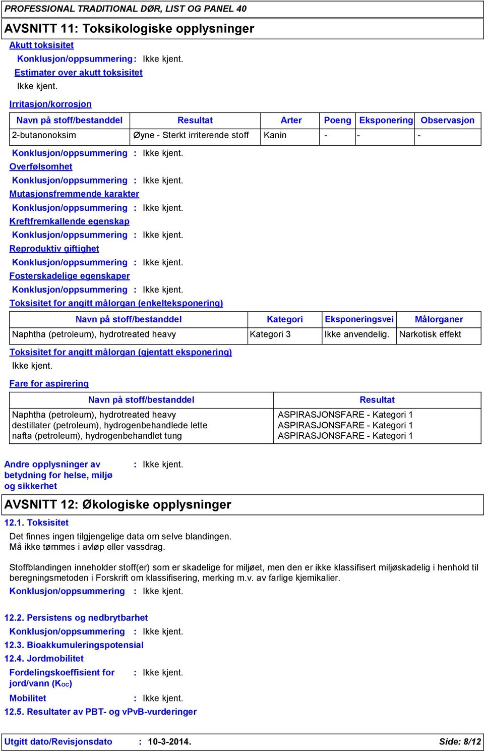 Kreftfremkallende egenskap Konklusjon/oppsummering Reproduktiv giftighet Konklusjon/oppsummering Fosterskadelige egenskaper Konklusjon/oppsummering Toksisitet for angitt målorgan (enkelteksponering)