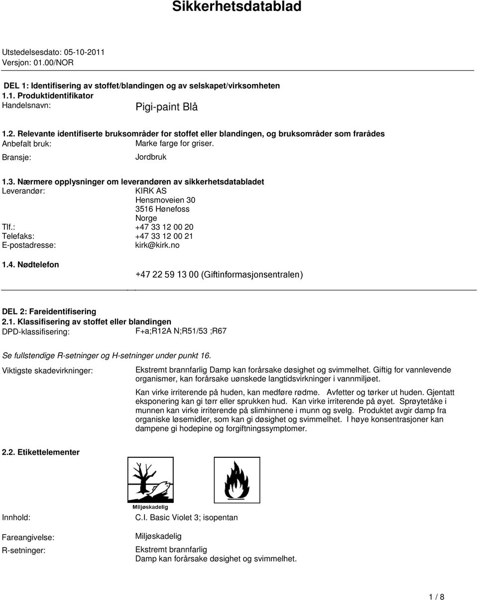 sikkerhetsdatabladet Leverandør: KIRK AS Hensmoveien 30 3516 Hønefoss Norge Tlf: +47 33 12 00 20 Telefaks: +47 33 12 00 21 Epostadresse: kirk@kirkno 14 Nødtelefon +47 22 59 13 00