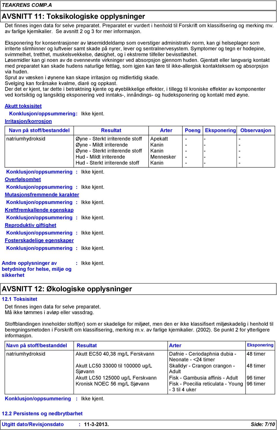 Eksponering for konsentrasjoner av løsemiddeldamp som overstiger administrativ norm, kan gi helseplager som irriterte slimhinner og luftveier samt skade på nyrer, lever og sentralnervesystem.