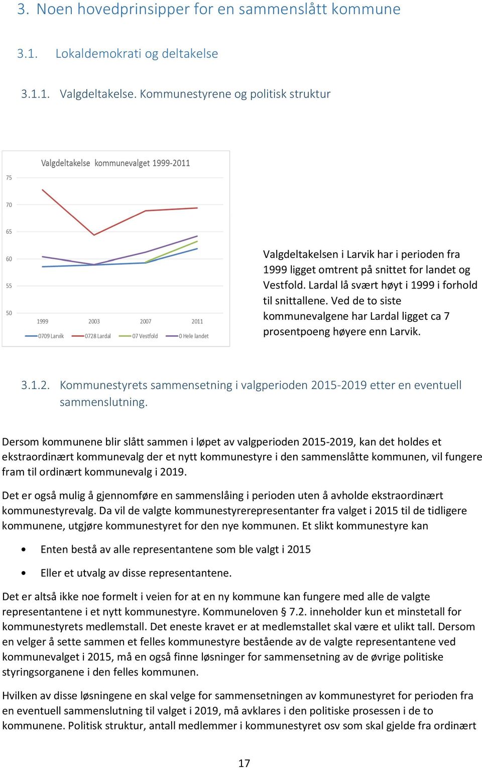 Ved de to siste kommunevalgene har Lardal ligget ca 7 prosentpoeng høyere enn Larvik. 3.1.2. Kommunestyrets sammensetning i valgperioden 2015-2019 etter en eventuell sammenslutning.