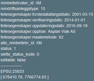 5.3 Kartlag Gjerder og anlegg Punkt Egenskapsinformasjonen når du har klikket på et objekt. Se forklaring på egenskaper og koder på de neste sidene.