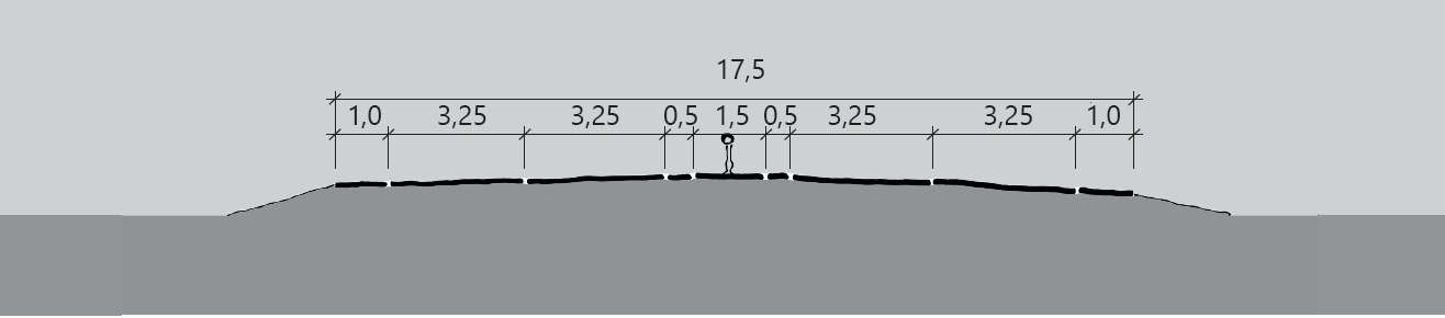 37 Figur C.3: Tverrprofil H2 med forbikjøringsfelt, bredde 15 (mål i m) Forbikjøringsfelt kan anlegges på samme sted i begge retninger der det er hensiktsmessig. Figur C.4: Tverrprofil H2 med forbikjøringsfelt i begge retninger, bredde 17,5 (mål i m) Kryssløsninger For ÅDT 8 000 skal kryss bygges planskilt og utformes i samsvar med kapittel D.