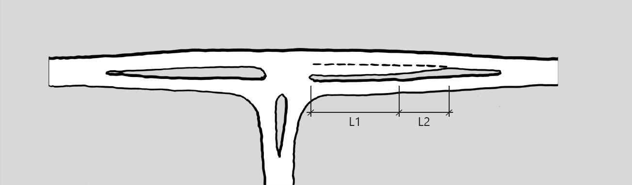 53 Figur D.4: Utforming av venstresvingefelt Lengden L1 skal beregnes ut fra beregningsmodell for venstresvingefelt. Lengden av L2 bør være i henhold til Tabell D.