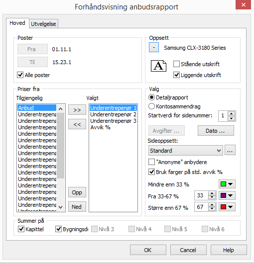 Anbudsrapport For å sammenligne priser fra ulike anbydere kan du lage en anbudsrapport. For å skrive ut en anbudsrapport velger du Fil -> Utskrift -> Anbudsrapport.