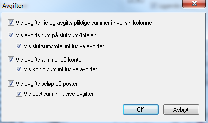 Valg: Detaljrapport: Hvis denne knappen er valg vil alle poster pluss kontosammendrag bli skrevet ut. Kontosammendrag: Hvis denne knappen er valg vil kun kontosammendrag bli skrevet ut.