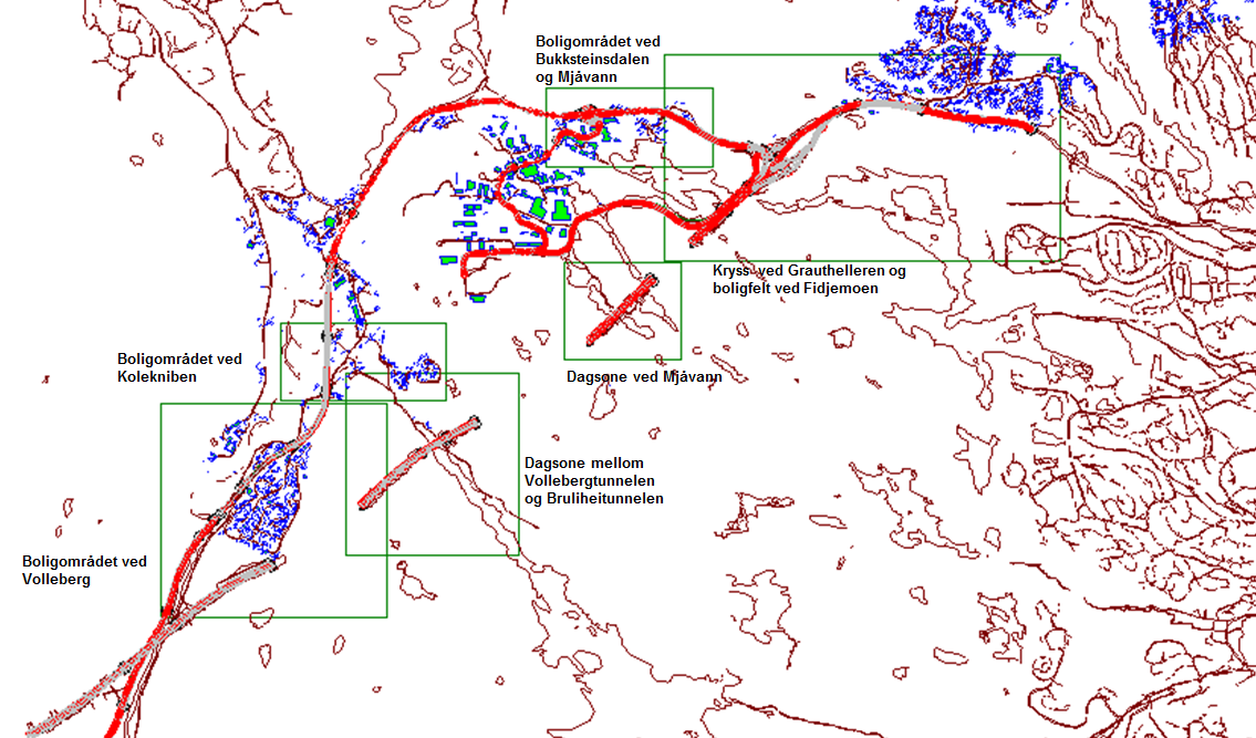 Figur 2. Områder (grønne firkanter) hvor lokal luftkvalitet er vurdert for fremtidige situasjon (2042). I figuren er veier vist i rødt, boliger i blått og terrenglinjer i mørk rød.