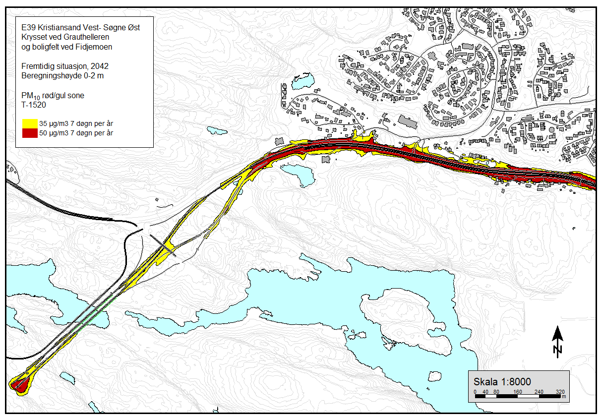 Vedlegg 8. Luftsonekart for kryss ved Grauthelleren og boligfelt ved Fidjemoen for PM 10 og NO 2 ihht. T-1520 Figur V8-1.