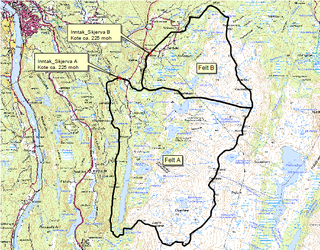 SKJERVA/REINFJELLELVA KRAFTVERK Kraftverket vil utnytte to ulike felt; Skjerva på 36,3 km 2 og Reinfjellelva på 14,9 km 2 (henholdsvis felt A og felt B i figur 1).