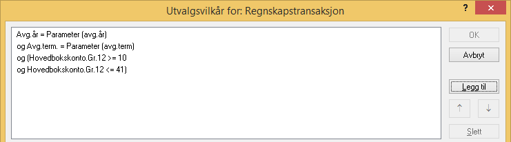 Utvalgskriterier MVA ført direkte på MVA-konto: Totalsummene nederst til høyre har samme utvalg som de enkelte delelement i dette vinduet og som er spesifisert