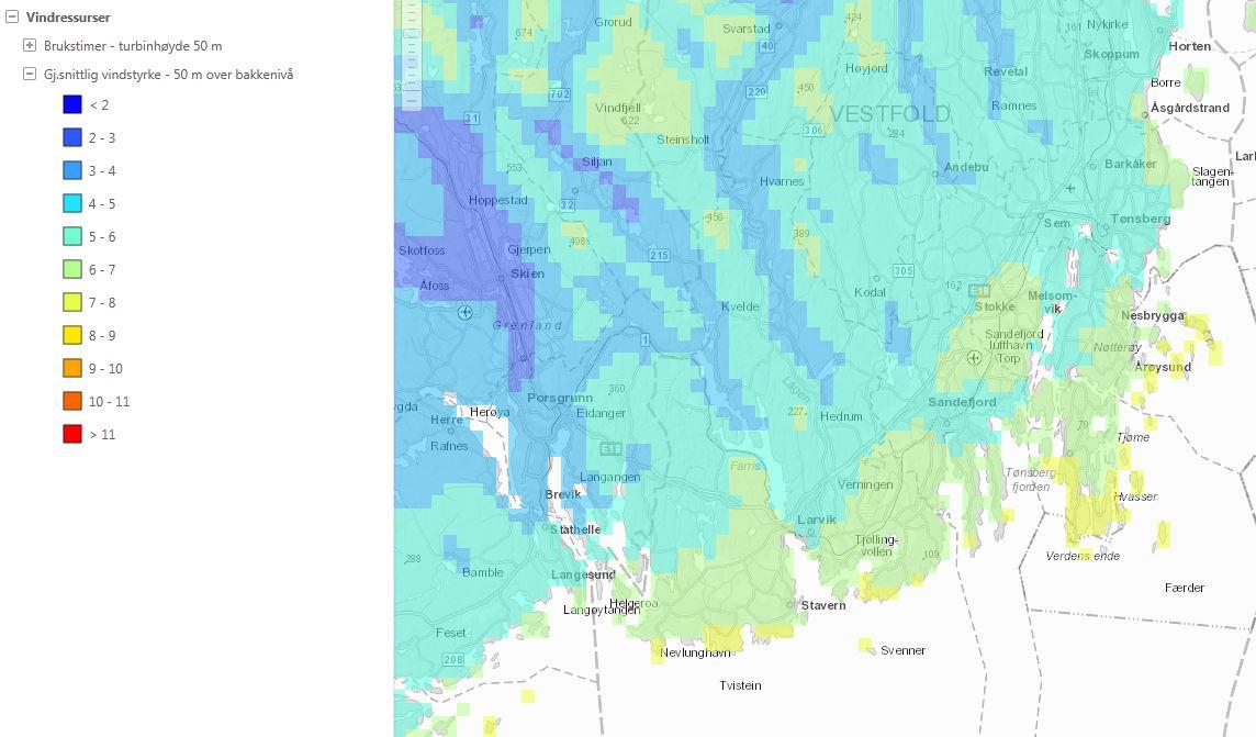 Gjennomsnittlig vindstyrke i søndre Vestfold Vindressurser er et fokusområde innen fornybar-sektoren i Norge og i Europa. Dette utnyttes av vindmøller på land og til havs.