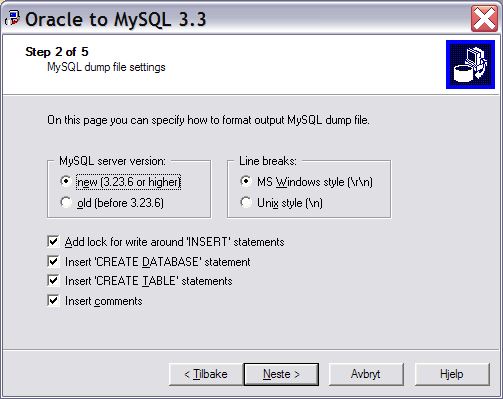 I dette bildet skal du spesifisere hvordan databasen skal migreres til MySQL.