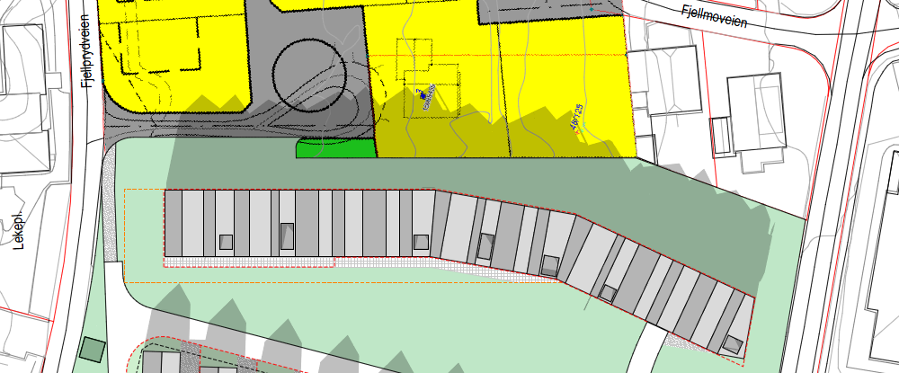 Utklipp fra sol- og skyggeanalyse, 21. juni klokken 18:00 (NB. øst-orientert kart).