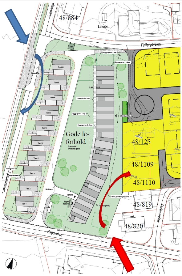 Illustrasjon vindretninger. Flomvann Flomvannet vil renne fra nord mot sør på feltet. Tomtene må opparbeides med fall bort fra bygningene, slik at flomvannet renner bort fra bygningene og mot veiene.