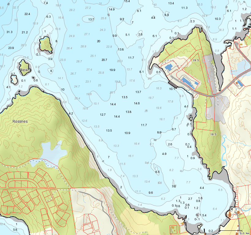 Sjøområdet i Breidvika er relativt grunt, med dybder ned mot 20 meter i midtre del, og ned mot 30 meter i overgangen mot Fitjarvika i nord (figur 3).