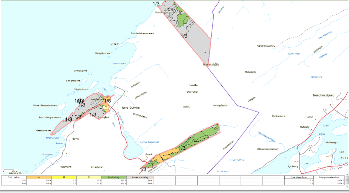 Fulldyrket 119 da Innmarksbeite 11 da Produktiv skog 373 da Annet markslag 969 da Boligen Ønsket omdisponering Gårdskart fra nett, oversikt over hele eiendommen gnr 1 bnr 3.