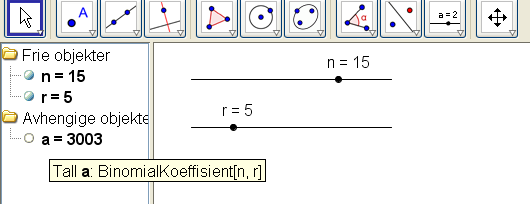 Skriv r = 1 i Inntastingfeltet og trykk Enter. Klikk i rundingen foran r i Algebrafeltet. Fortsett slik du gjorde for n. Da får du dette bildet.