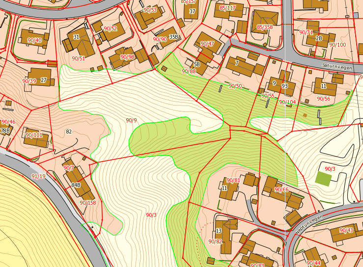 Side 3 Figur 3:Med unntak av den tidligere bebygde delen av eiendommen (rosa), er resten registrert med naturverdi D viktig lokalt (hvitt og grønt område).