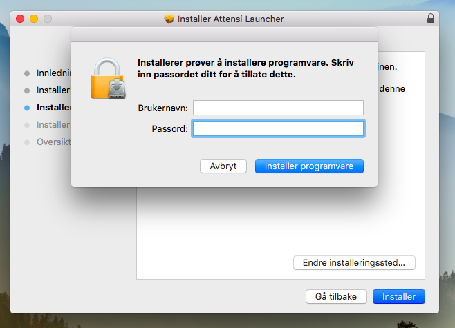 For å installere Attensi Launcher, må du ha admin-rettigheter på din Mac. Skriv inn brukernavn og passord og klikk på «Installer programvare» for å starte installasjonen.