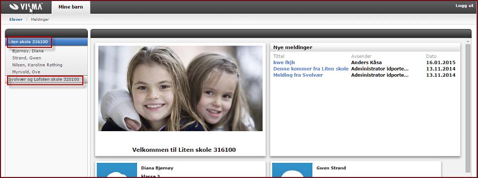 Oversiktsbildet Når foresatte er logget inn finner de sine barns navn i venstre margen, sortert etter skole. Trykker man på aktuell skole vises barna som går på denne skolen.