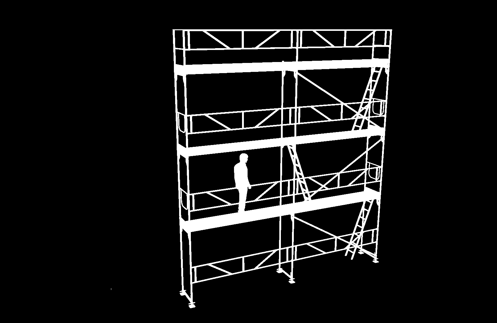 Stillaspakke 32 inneheld : 9 Alu-vertikalramme 2,0 x 0,73 m 8 Alu-rekkverk 3,07 m 6 veggfester 0,55 m 6 Sparkebord 3,07 m 1 Alu-rekkverkstøtte L 3 Stillasgolv plywood 3,07 x 0,61 m 18 Låsesplint for