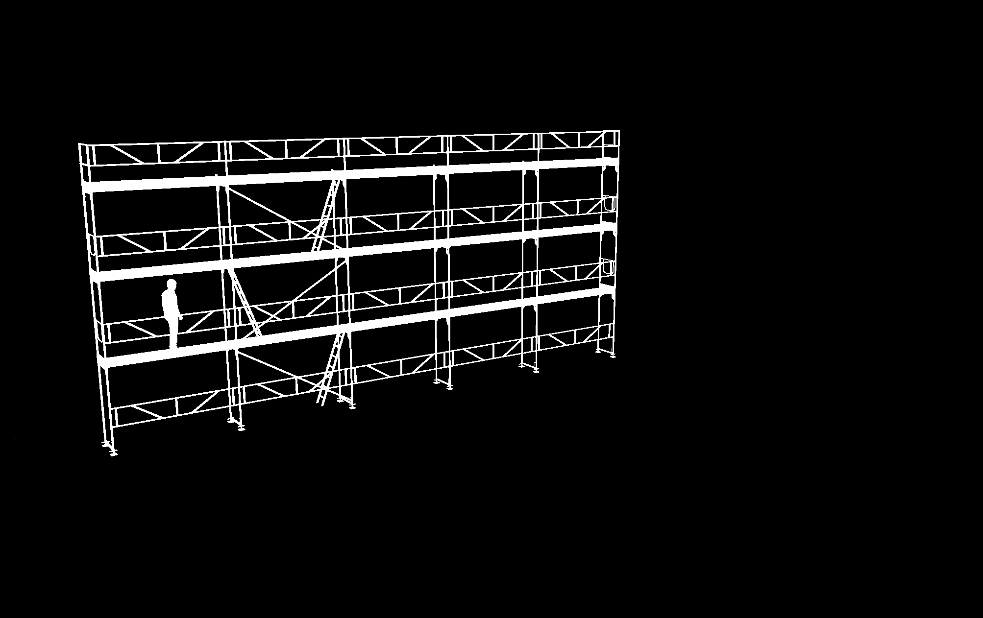 Stillaspakke 35 inneheld : 18 Alu-vertikalramme 2,0 x 0,73 m 20 Alu-rekkverk 3,07 m 12 veggfester 0,55 m 15 Sparkebord 3,07 m 4 Alu-rekkverkstøtte L 12 Stillasgolv plywood 3,07 x 0,61 m 36 Låsesplint