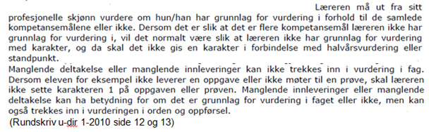 Dette betyr i klartekst at dersom en elev uteblir fra en vurderingsaktivitet, kan det føre til at varsel om IV sendes, men det skal ikke føre til at fagkarakteren settes ned.