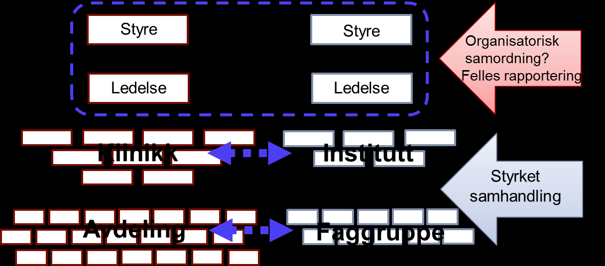 I vedlegg 1 til prosjektplanen er kort omtalt samarbeidsmodellen Academic Health Science Centre (AHSC), samt inntrykk av modeller for samorganisering etter besøk ved Karolinska Institutet i Stockholm