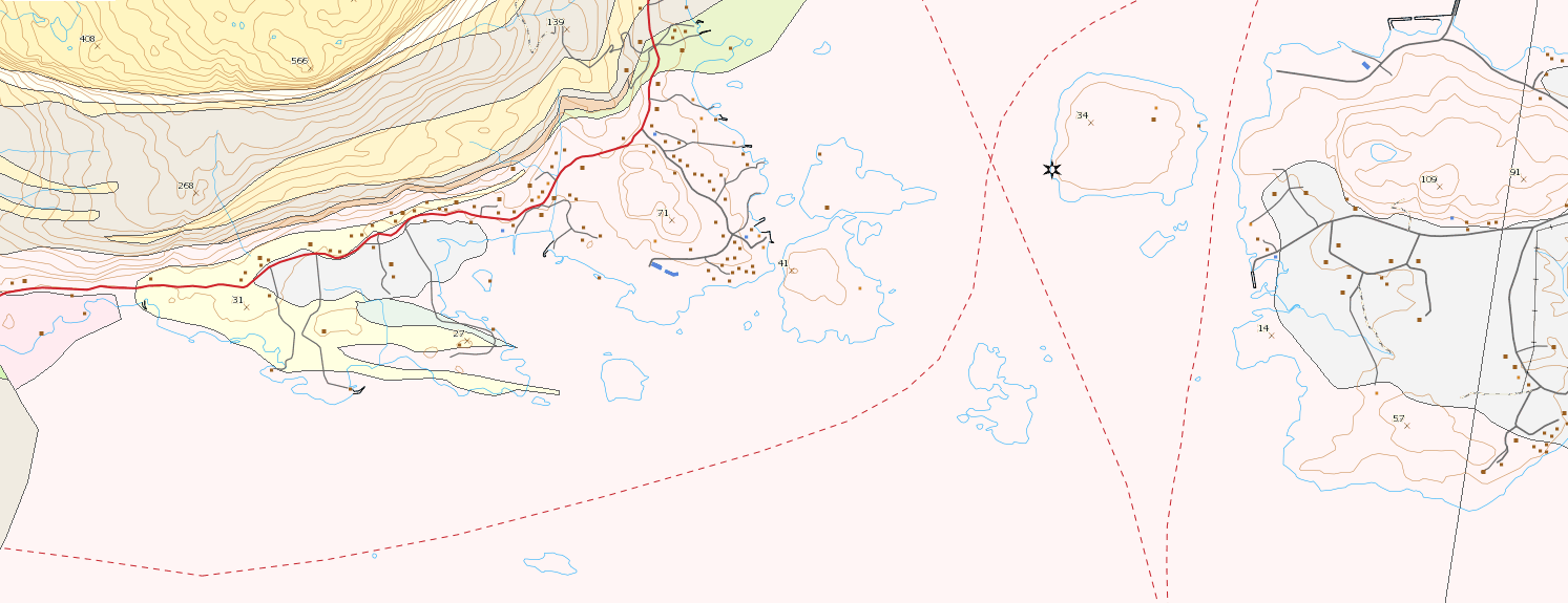 7.3.6 Georessursar Berggrunn Figur 36 Berggrunn NGU s berggrunnskart viser at området i hovudsak består av tonalittisk til diorittisk gneis, stadvis granittisk gneis og amfibolitt i veksling.