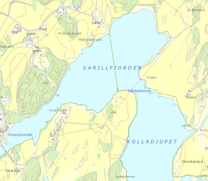 Figur 5: Kart over Vikerøysundet, Varildfjorden, Klåstadrenna og Kolladjupet (kart fra Naturbase). 2.