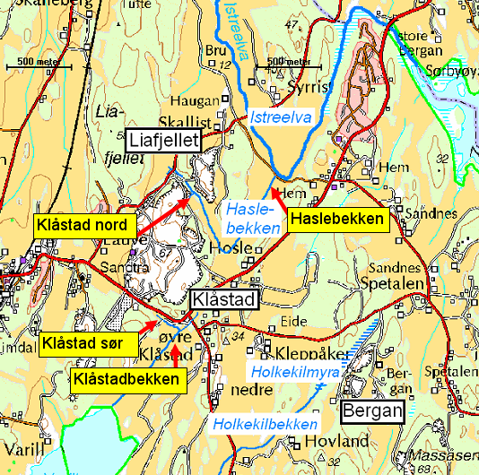 Prøvestedene i Tjølling er vist i Figur 1. Stasjonen Klåstad Nord og Klåstad Sør er for rene utslipp å regne. Det er tatt prøver av vann som pumpes ut fra bruddene.
