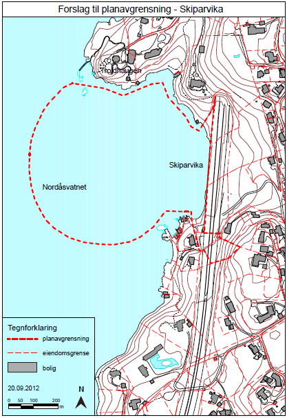 Figur 9: Forslag til planavgrensing Skiparvika Figuren ovenfor viser forslag til planavgrensing for området. Dette omfatter også arealet under vann.