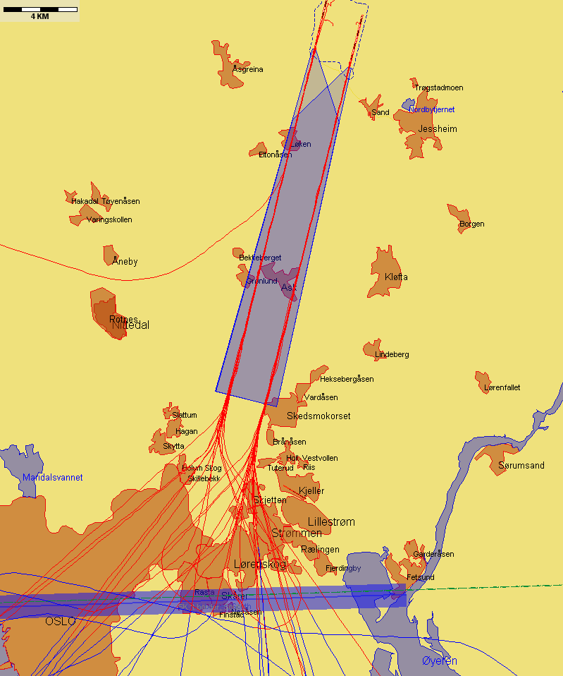 Jetflylandinger fra sør med lav høyde sør for N 59 55 00 Figur 8.