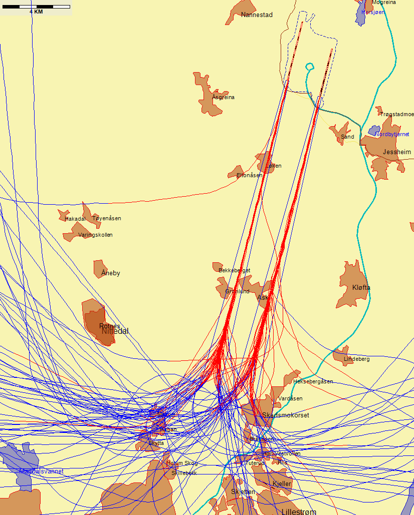 9.3.2 Landinger, rapportering iht kapittel 4, Forskrift om støyforebygging, Oslo lufthavn, Gardermoen, Akershus Jetflylandinger fra sør med sen tilslutning til ILS-glidebanen Figur 6.