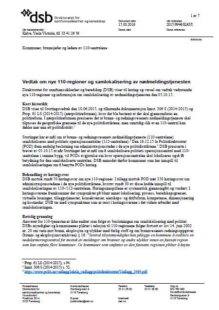 Nye 110-regioner Vedtaksbrev om nye 110-regioner sendt ut 15.03.