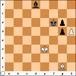 Dxc5+ eller 4 - Dh1 følger 5 Lc6+ Dxc6+ 6 Sc7+ Ka7, og hvit er patt. Patt med fengslede brikker er et populært tema, og det er ikke uvanlig å se stillinger der flere brikker er fengslet. Omt.