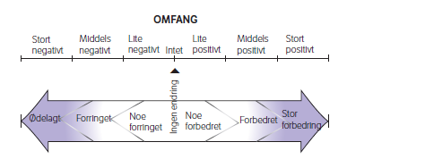 18 av 73 3.4.2 Omfangsvurdering Omfangsvurderingene består i å vurdere type og omfang av mulige virkninger dersom tiltaket gjennomføres.