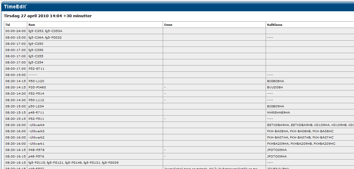 Figur 7: Søkefunksjoner i TimeEdit Figur 8: Opplisting av alle data i TimeEdit Som figurene viser, lister TimeEdit ut alle data i en tabellform.