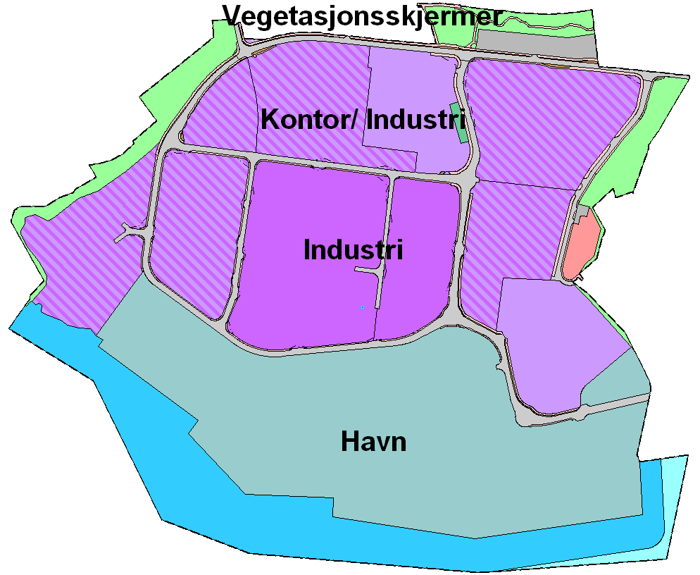 Havneformål plasseres i sør langs kaiene. Rene industrifelt legges til midten av planområdet, omgitt av et belte med kombinert kontor/industri, samt rene kontorfelt.